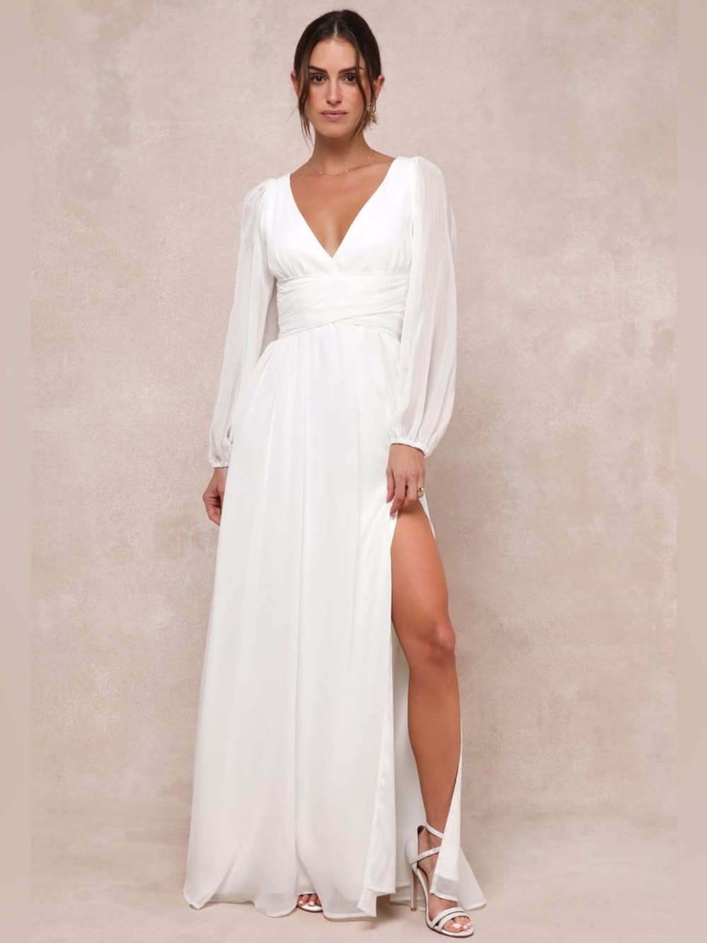LULU'S Enchant My Love White V-Neck Long Sleeve Maxi Dress